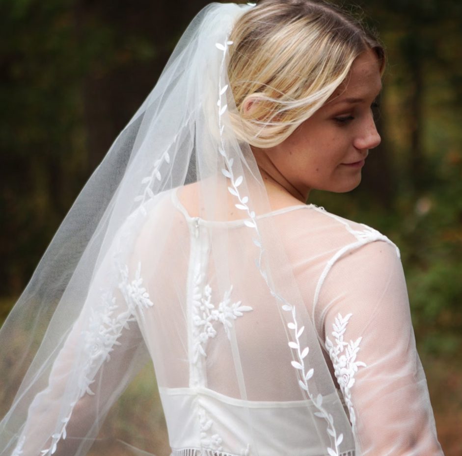 Soft Ivory or Off White leaf edge wedding Veil